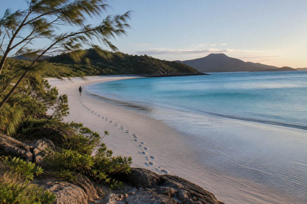 Long curve of white sand meeting turquoise tidal water at Whitehaven Beach, Whitsunday Island