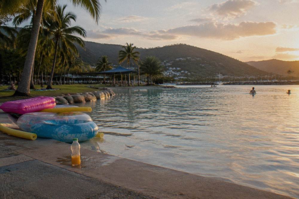 The Airlie Beach Lagoon bordered by palm trees and grass with the foreshore beyond