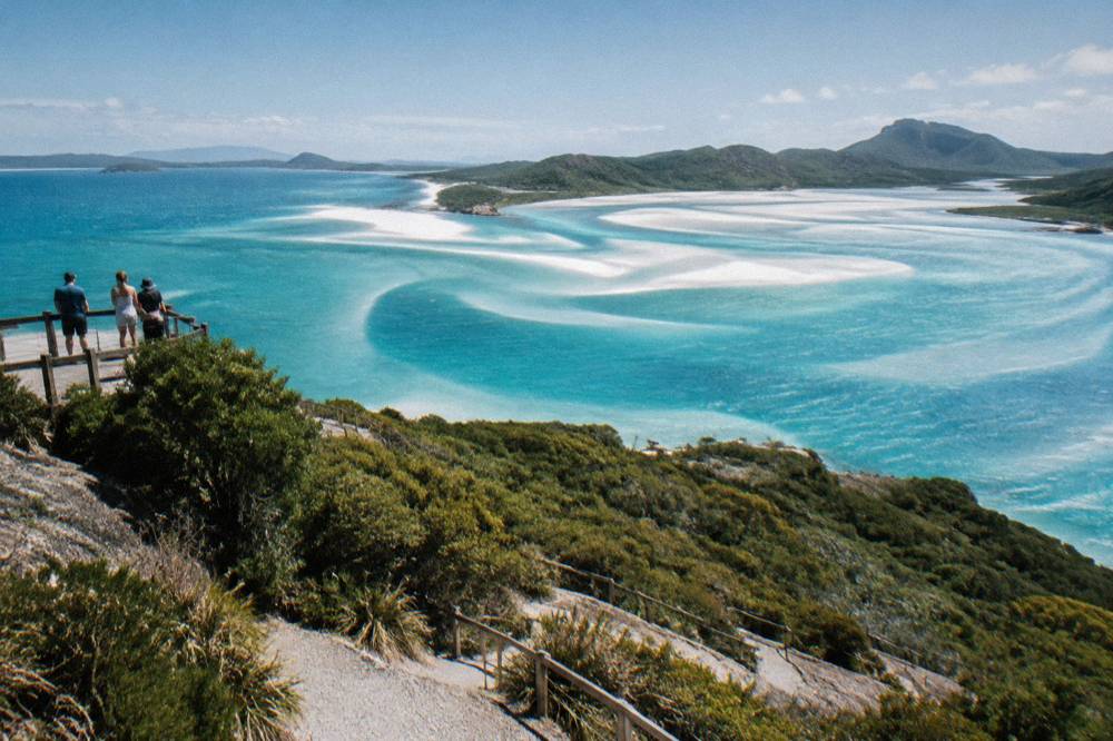 White silica sand and swirling turquoise water of Hill Inlet seen from above