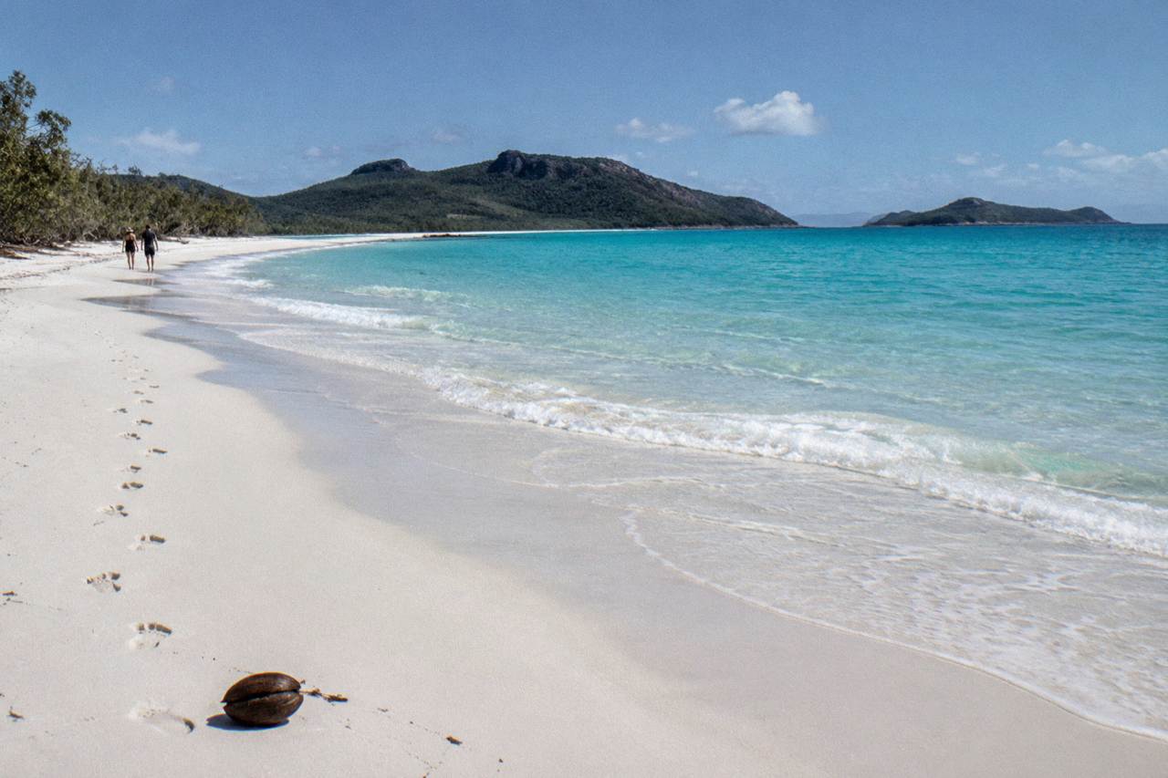 Wide view of white silica sand curving beside turquoise tidal water at a Whitsunday island beach