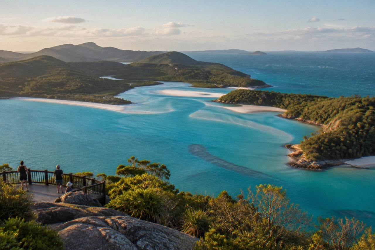 Turquoise inlet water swirling against white silica sand between green forested headlands