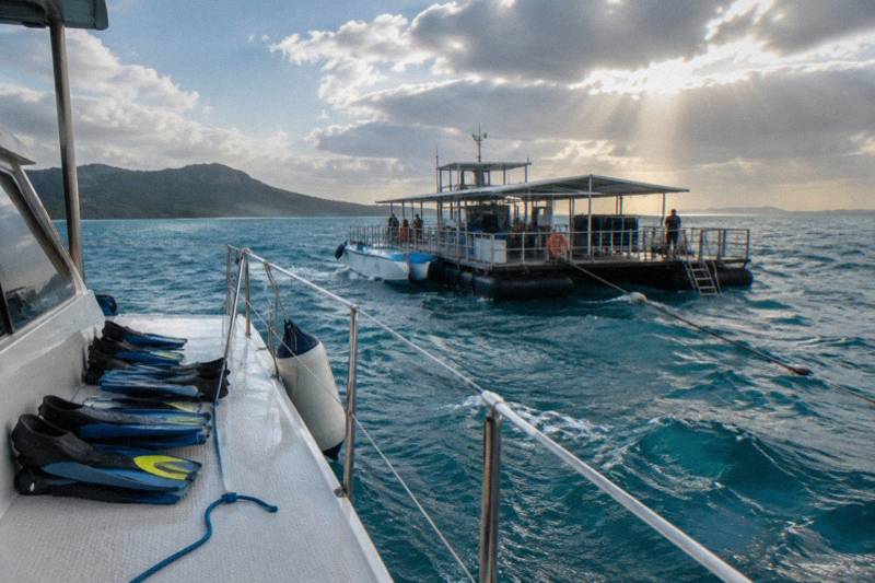 A Great Barrier Reef pontoon with a catamaran moored beside it