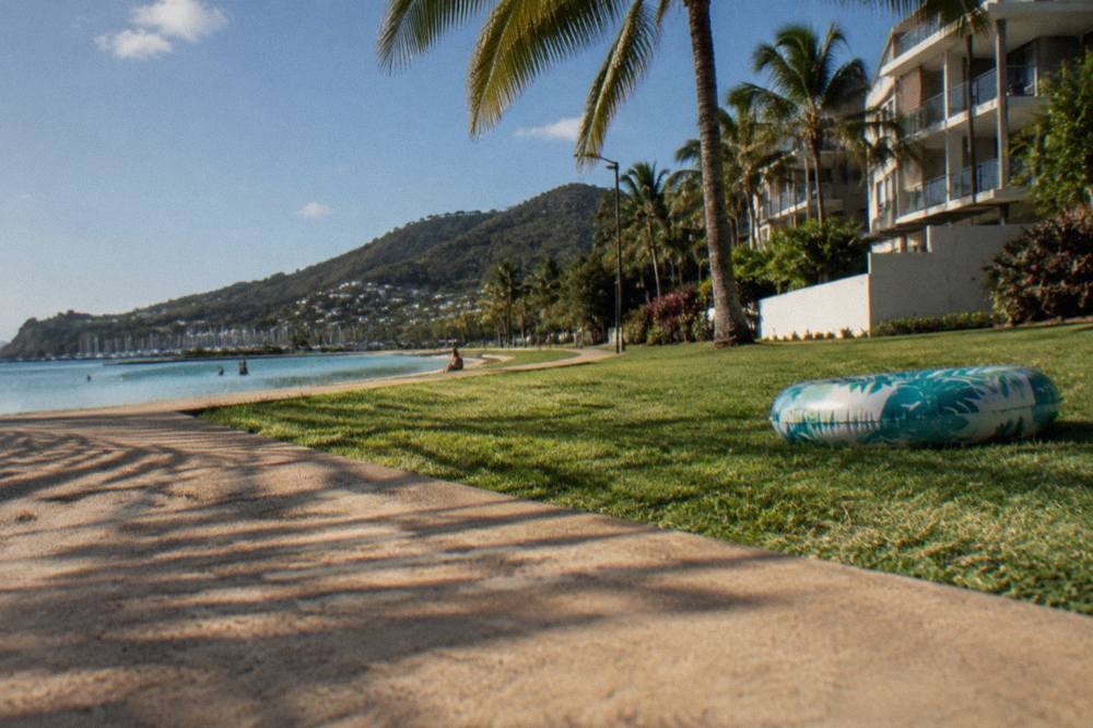Palm trees and lawns surrounding a large swimming lagoon beside a tropical town foreshore