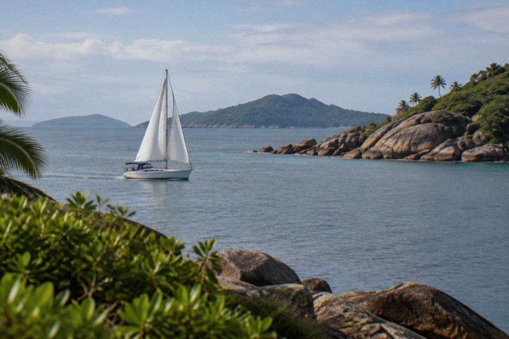 A white sailing yacht cruising past rocky headlands and wooded islands on a clear dry season day