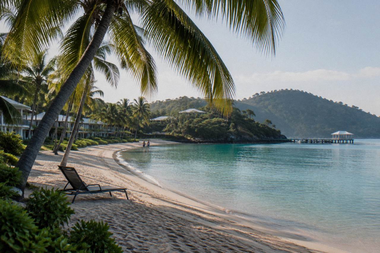 A resort island shoreline with palm trees and calm turquoise water in the Whitsundays