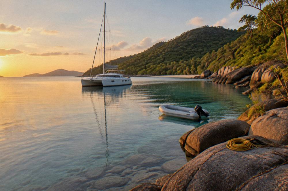 White catamaran anchored close to shore beside clear shallow water and green island hills
