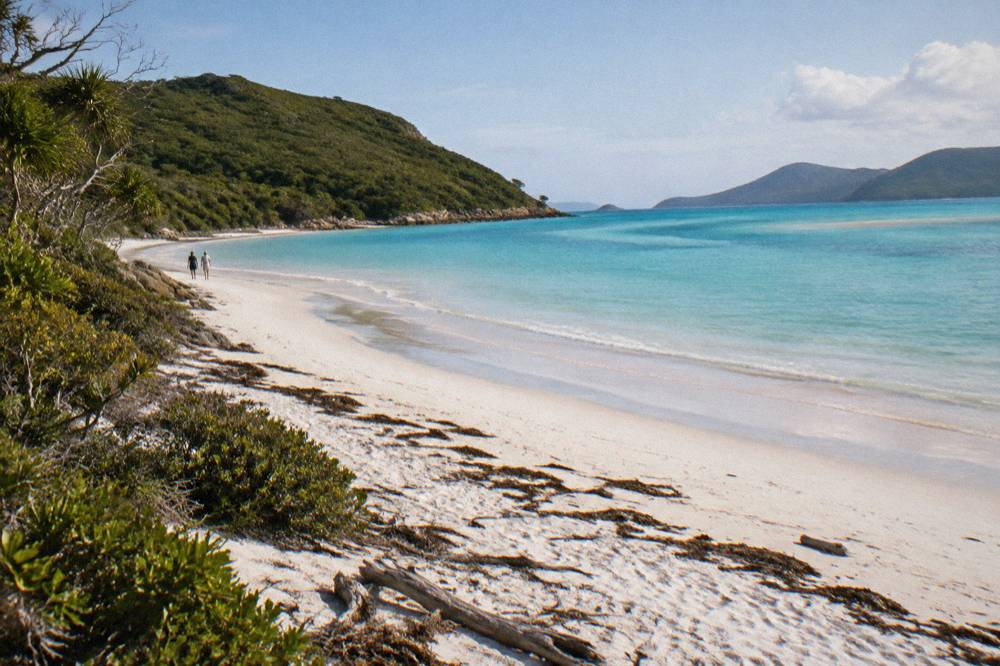 A white silica sand beach curving beside a turquoise inlet between green headlands