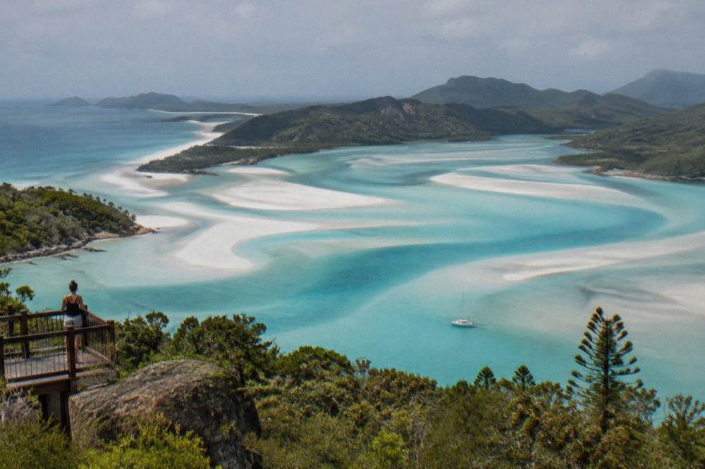 Aerial view of a swirling inlet of turquoise water and white sand between green islands