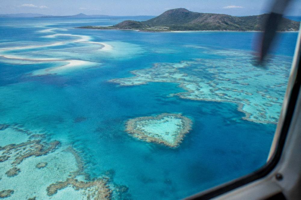 White sandbar and coral reef rendered in swirling blue and green tones seen from the air