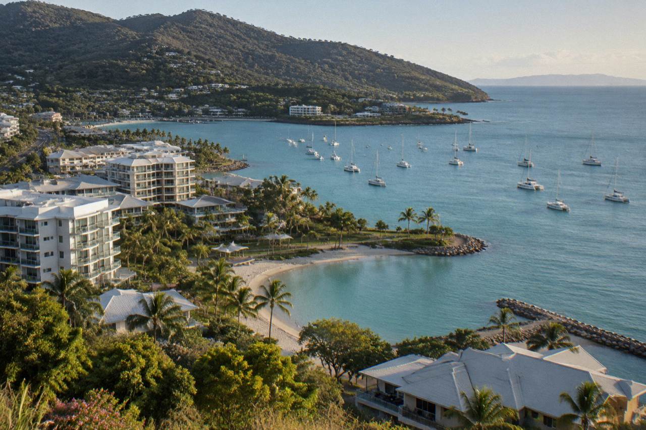 Aerial view of Airlie Beach foreshore, lagoon and anchored boats on turquoise water