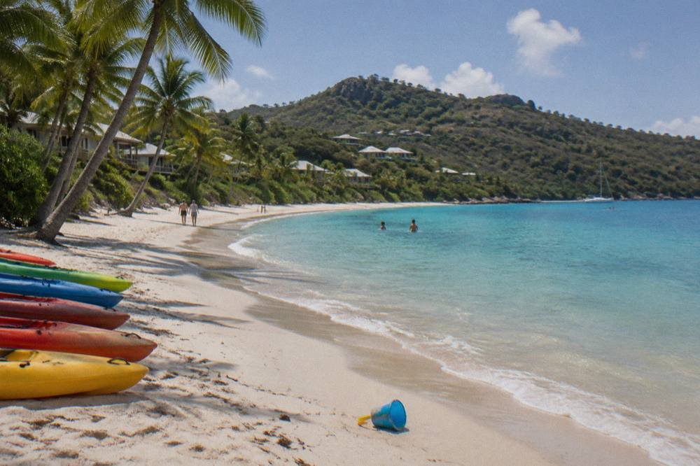 Sheltered swimming beach with turquoise water, palm trees and hire kayaks along the sand