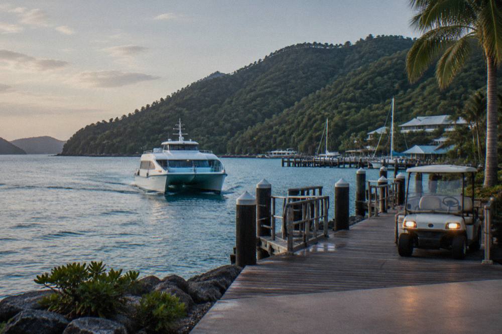 A white ferry catamaran approaching a marina jetty beside green tropical hills