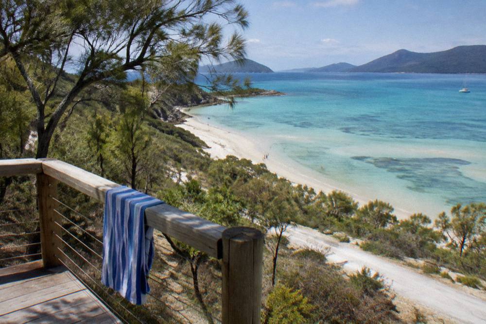 Turquoise water over pale sand seen from a lookout platform among trees
