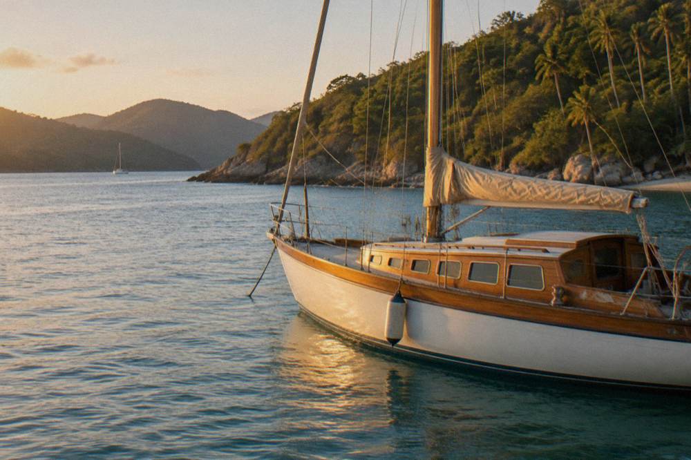 A classic timber yacht moored in a calm bay with wooded headlands behind