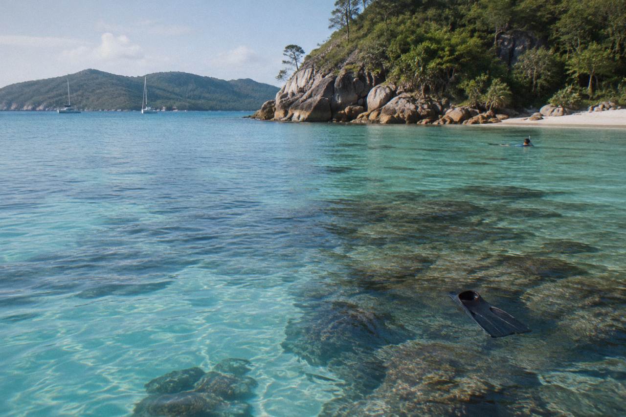 Calm turquoise water over a shallow coral reef beside a wooded Whitsunday island
