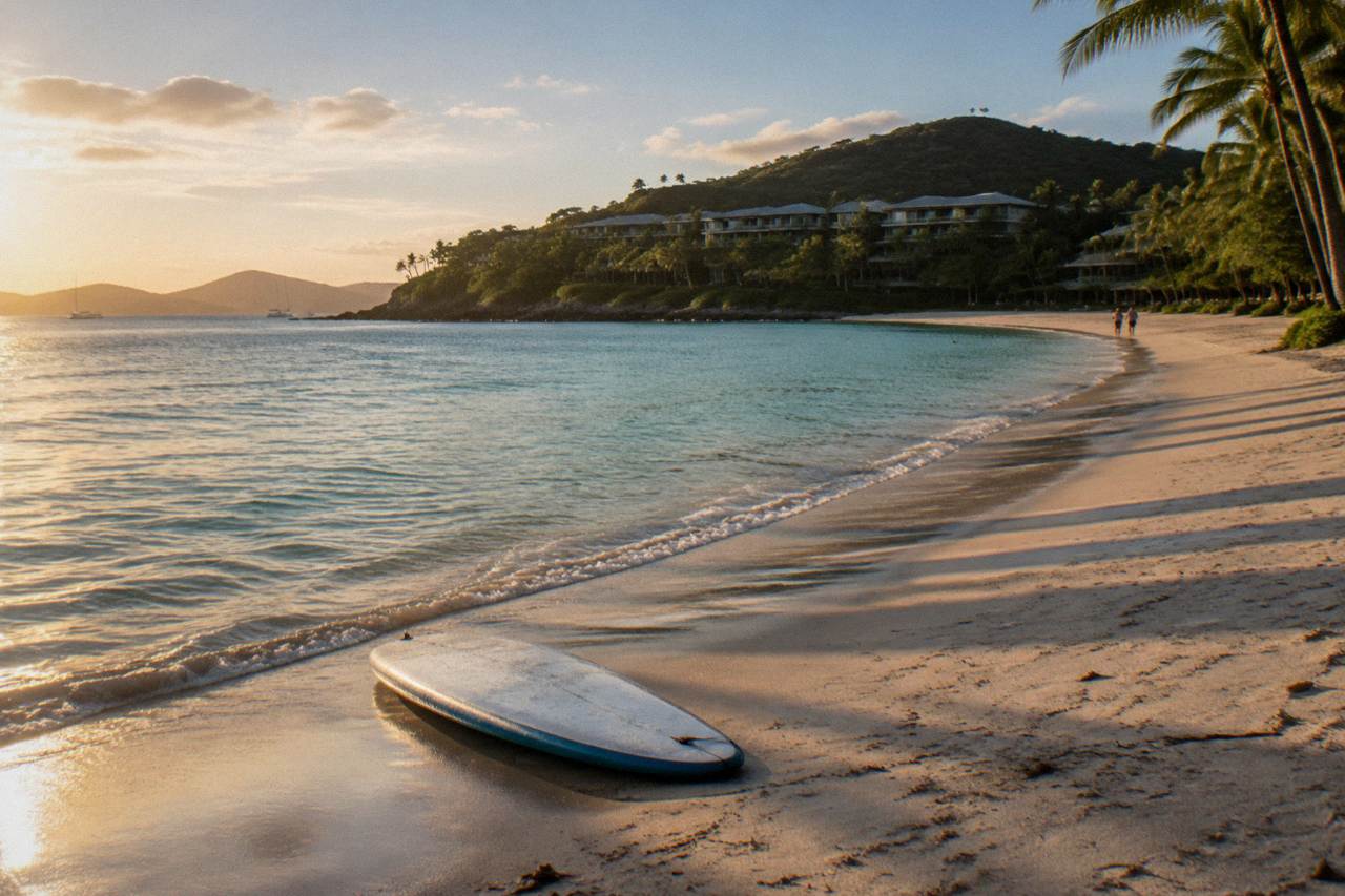 Calm turquoise water along a tropical island beach with a sandy point in the distance